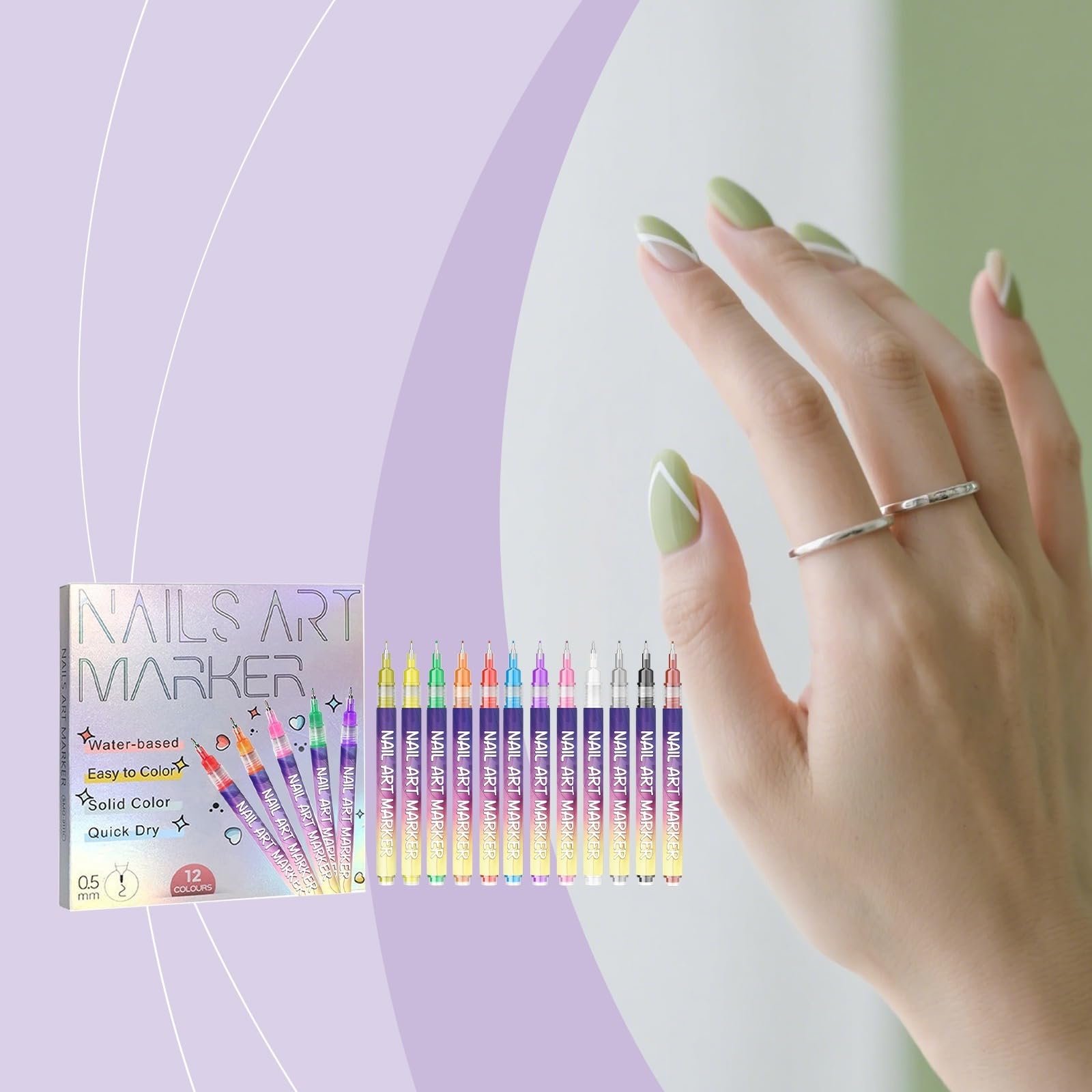Pióro 3D Nail Art Zestaw 12 kolorów, flamastry do paznokci z metalową końcówką 0,5 mm, marker akrylowy, szybkoschnący marker akrylowy, narzędzie do manicure'u, do dekoracji paznokci i graffiti
