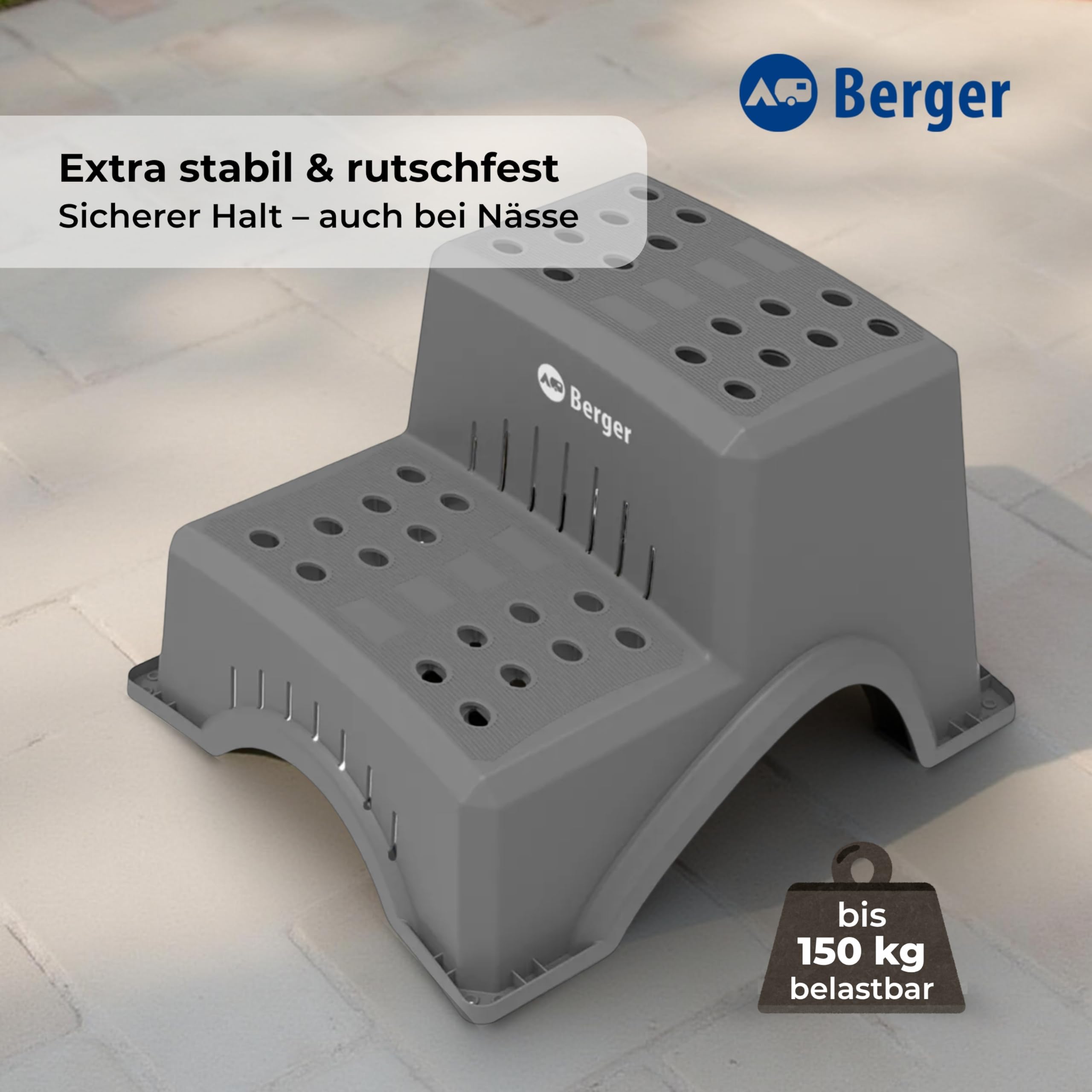 BERGER Marchepied robuste pour caravane - Stable et antidérapant - Charge maximale : 150 kg - Idéal pour camping-car et caravane - Entrée sûre