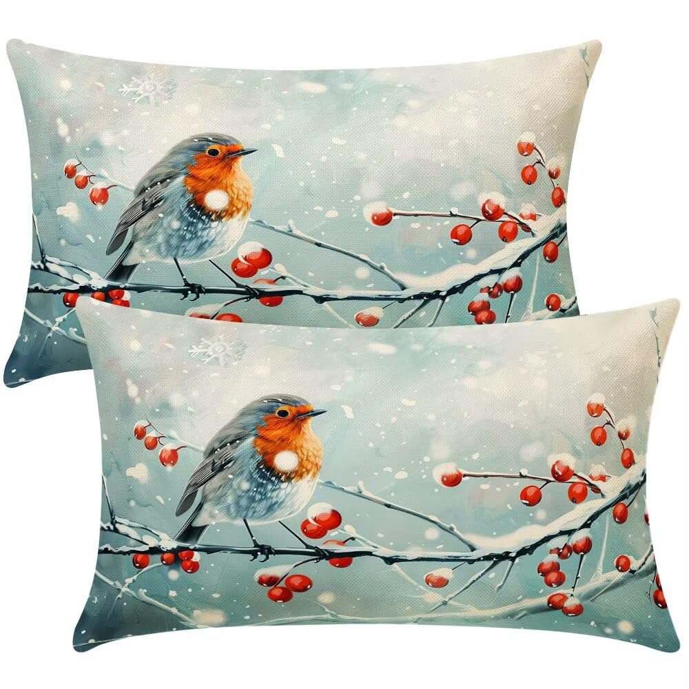 Cushion Covers 35cm x 55cm Winter Birds Cushion Cover 14 x 22 Inches Pack of 2 Throw Pillow Covers Christmas Sofa Cushions Polyester Linen Pillowcases for Couch Living Room Bedroom Home Decor -SC467