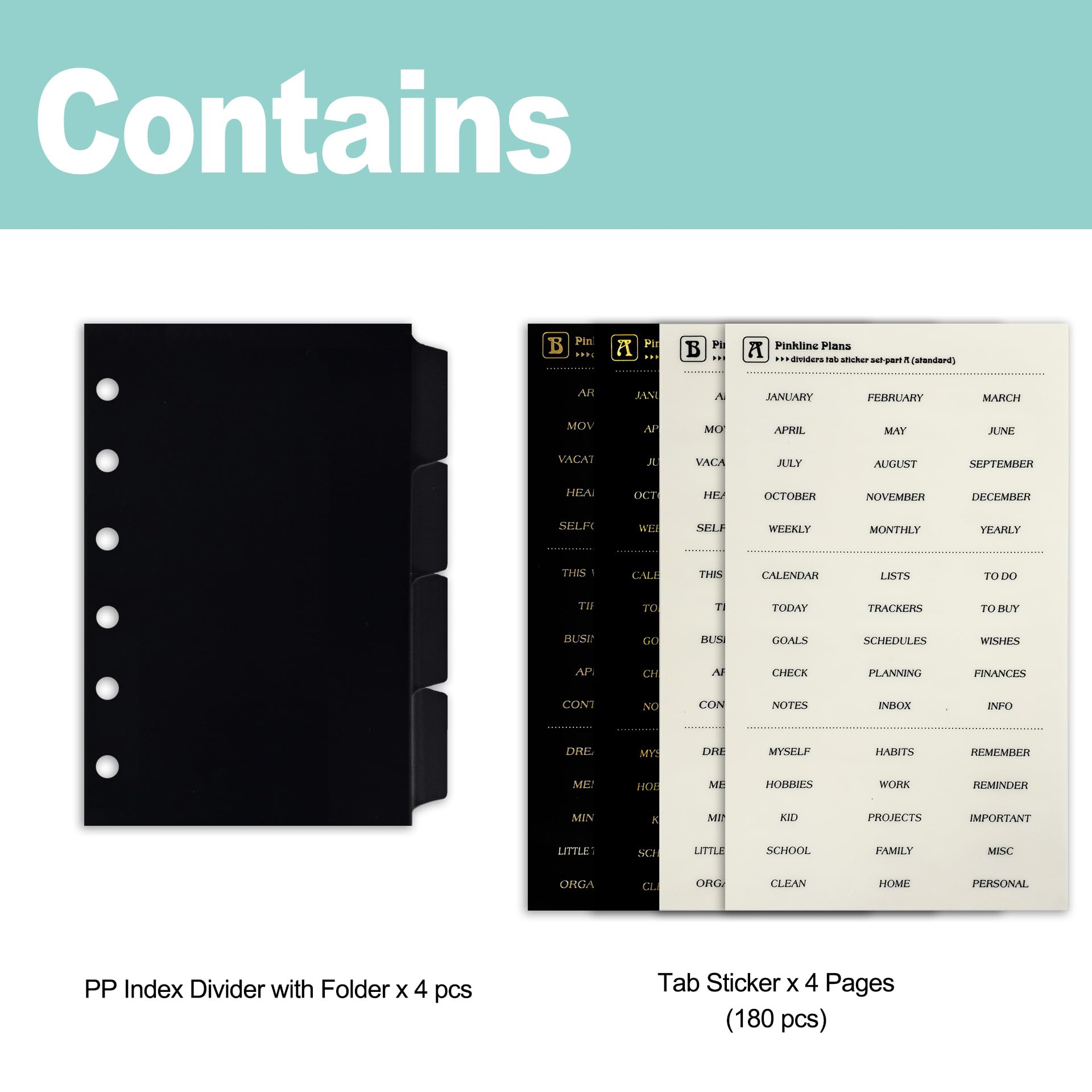 Zelten PP Binder Index Dividers with Folder & 4 Sheets Tab Stickers for Personal Organizer (PP Black 4-Folder Tab, A7/6 Hole) - Image 2