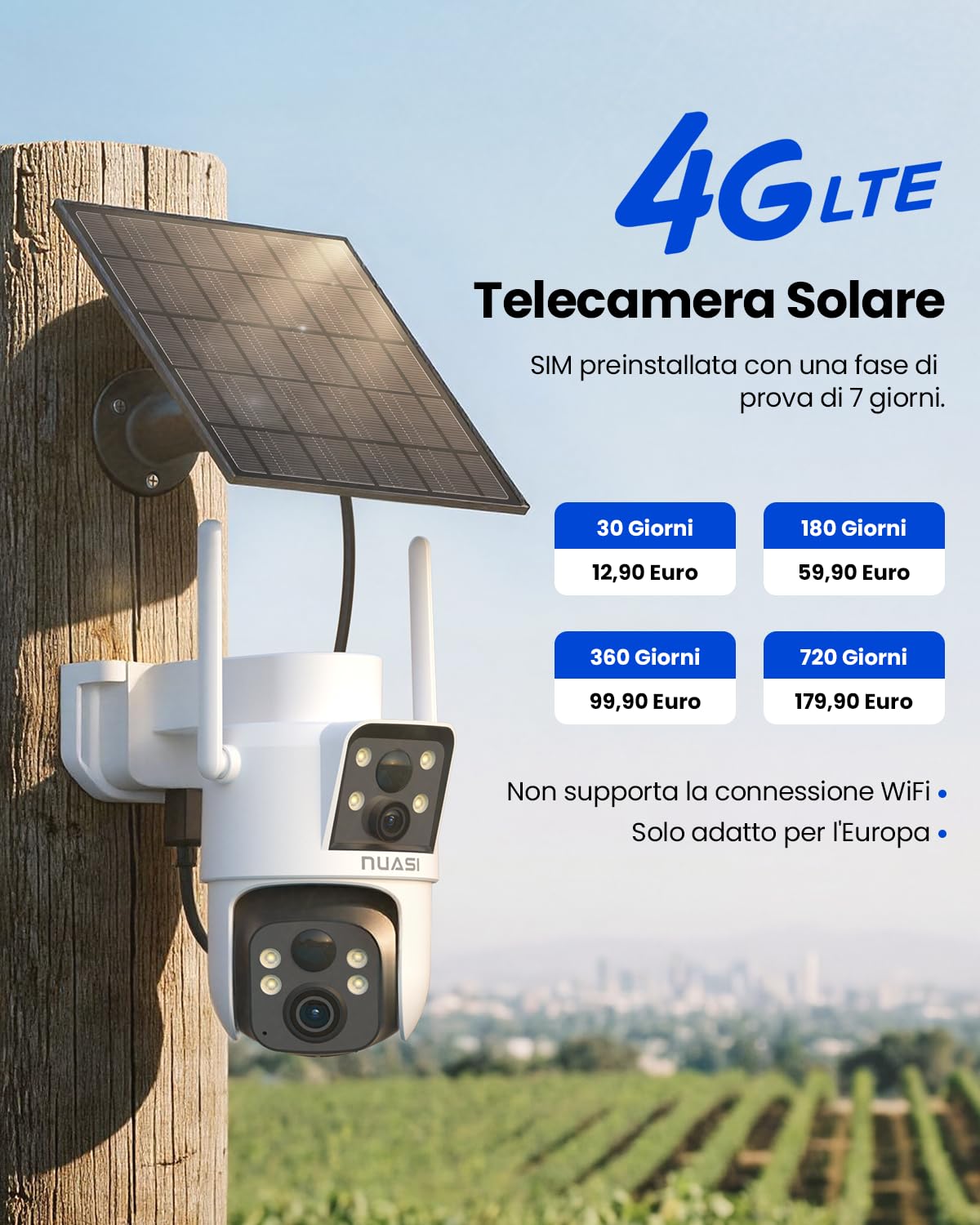 4G LTE Telecamera Solare Esterno, 2K+2K Doppia Lente | PTZ Telecamera di Sorveglianza senza Wi-Fi con Scheda SIM, Rilevamento Intelligente, Visione Notturna a Colori, IP66