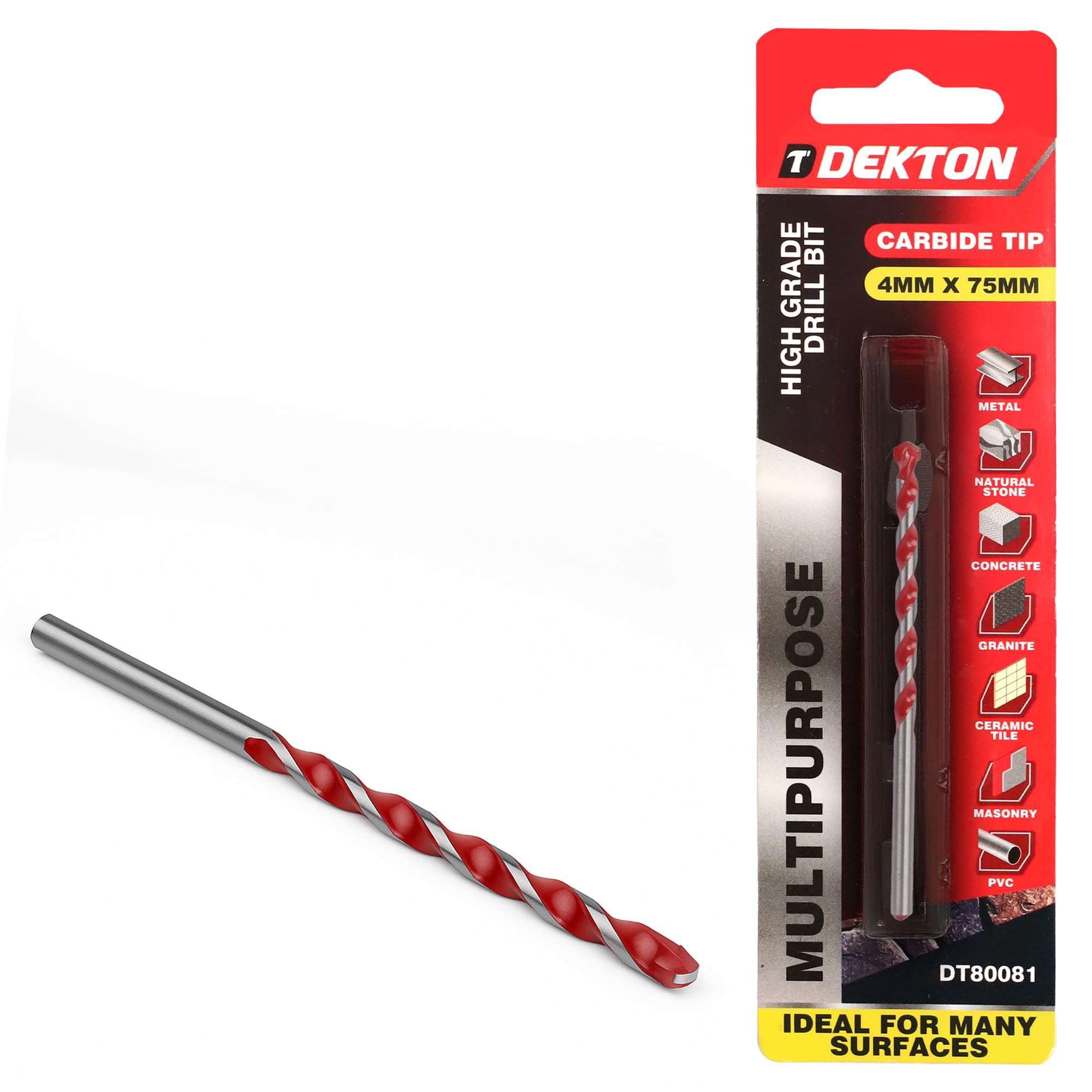Dekton Multi-Purpose Masonry Drill Bit 4mm x 75mm, High Grade Carbide Tip for Drilling Metal, Natural Stone, Concrete, Granite, Ceramic Tile, Masonry & Plastic