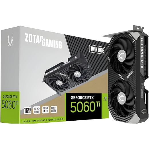 ZOTAC Gaming Geforce RTX 5060 Ti Twin Edge Graphics Card - Black | 16 GB | DLSS 4 | GDDR7 | 128 Bit | Icestorm 2.0 Advanced Cooling | Dual Fan | SFF Ready | ZT-B50620E-10M
