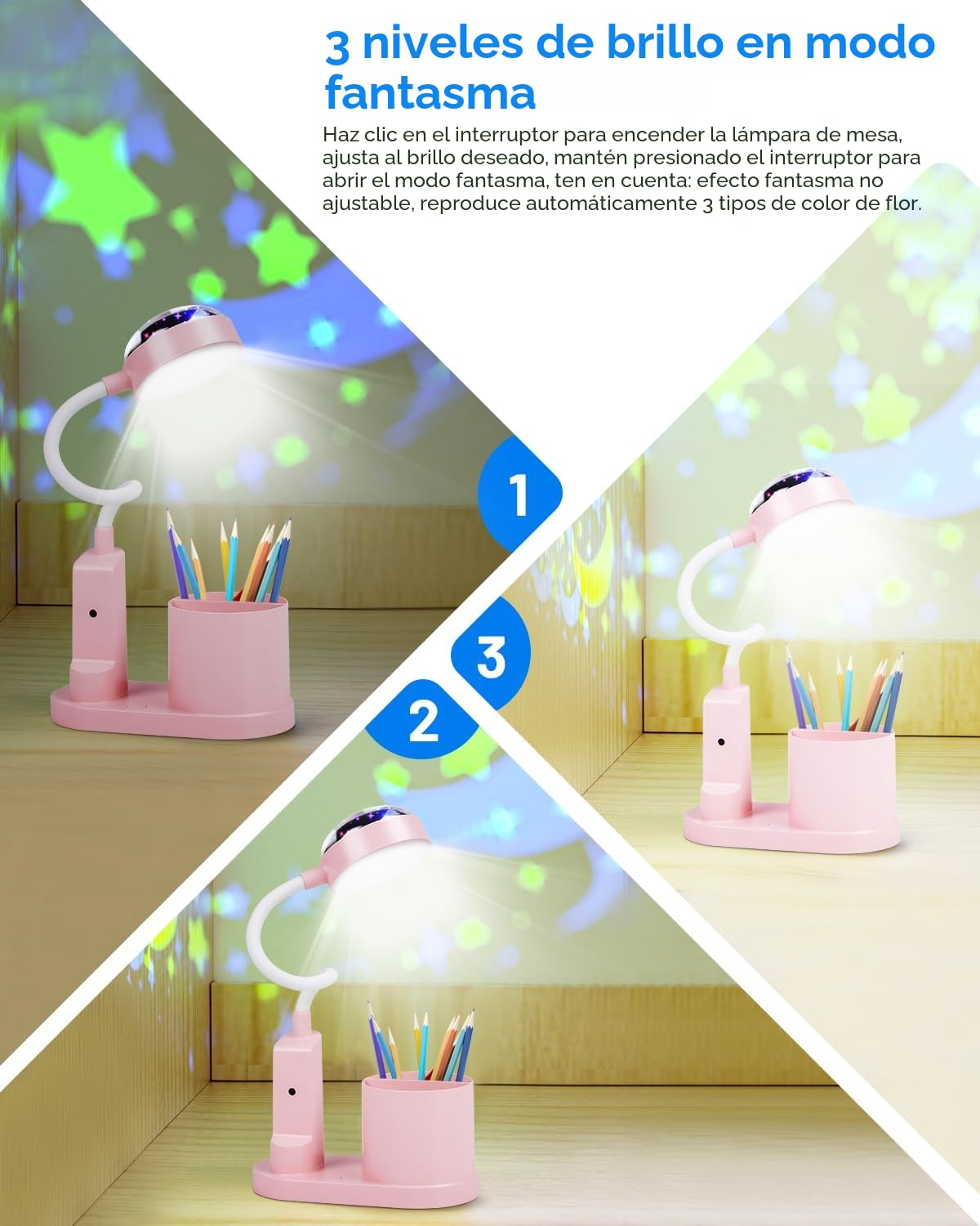 TechKen Lámpara de Escritorio para Niños, Lámpara de Noche LED Regulable Flexo LED para Lectura con Portalápices Lámpara de Mesa de Estudio Cuello de Cisne con Ces Proyección de Estrella | Regulable Niveles de brillo, lámpara recargable de cuello de cisne