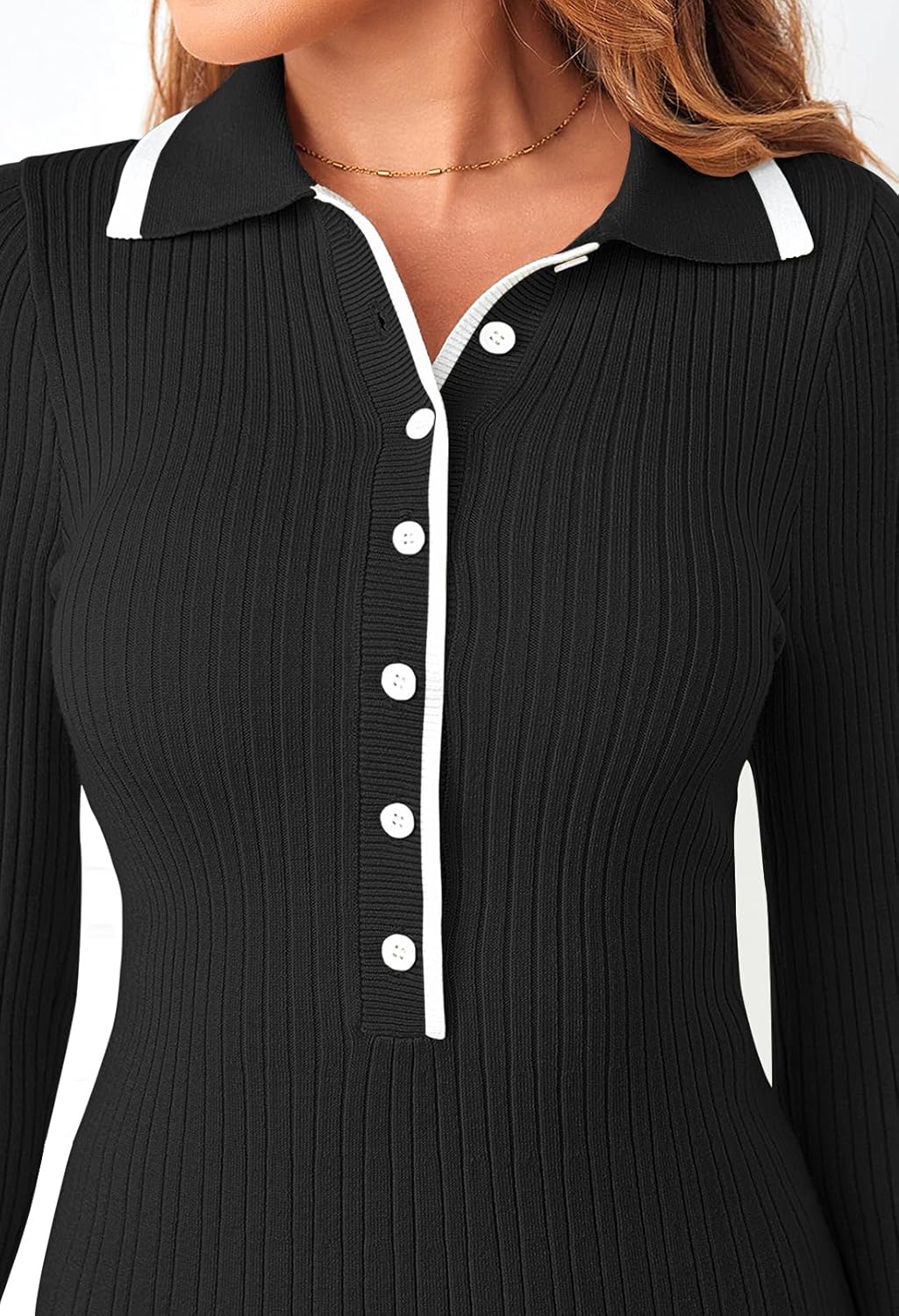 MEROKEETY Women's Long Sleeve V Neck Sweater Dress 2026 Fall Button Knit Pleated Mini Work Dresses - Image 6