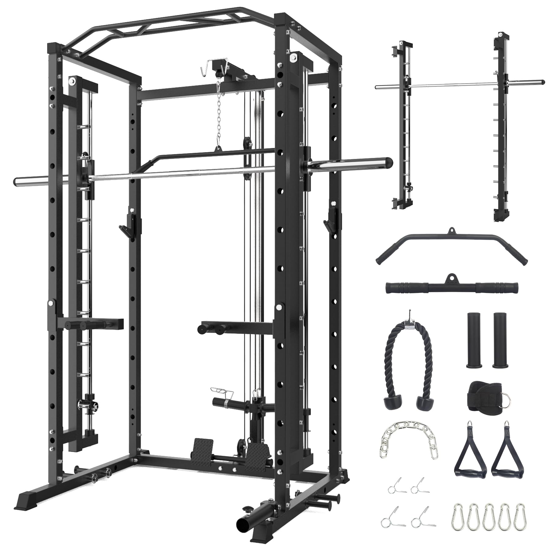 Power Cage with Smithbar, 1600 Lbs Power Rack with LAT Pulldown, Multi-Functional Squat Rack with Cable Pulley System, Dip Handles and J-Hooks, Power Cage for Home Gym Equipment