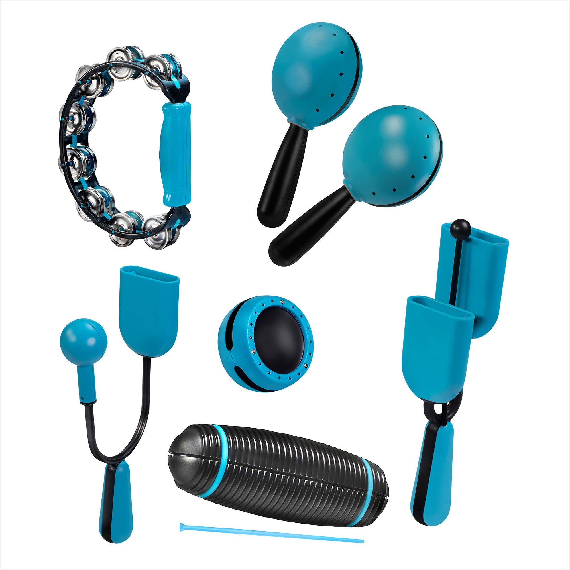 Voggenreiter Hi-Lo Set Percussion Rhythmus Instrumente 6-Teilig für eingängige Beats (enthält: Guiro, Vibra, Agogo, Shaker, 2 Maracas, Tamburin), Blau/Schwarz, 1183-0