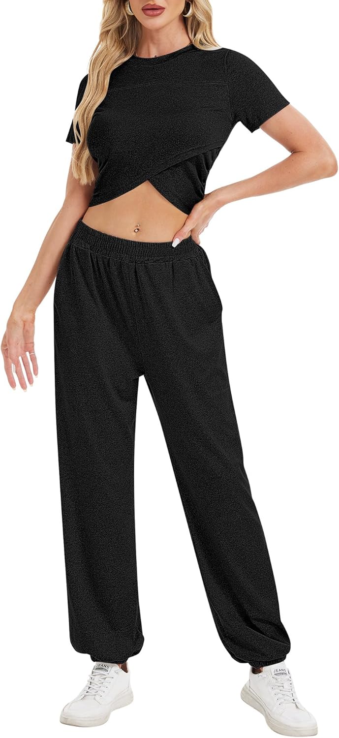 Women Summer 2 Piece Outfit Loungewear Set Cropped Tops and Jogger Sweat Pant Athletic Matching Set Sweatsuit - Image 3