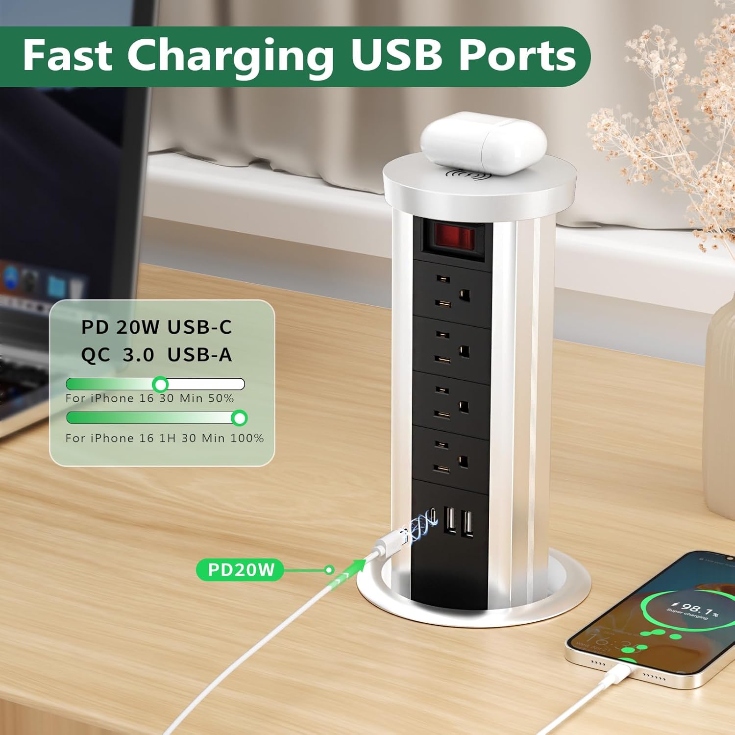 Pop Up Outlet Countertop with 10W Wireless Charger, 4 Outlets,3 USB Ports, Splash Resistant, Automatic Pop Up Outlet for Kitchen Counter Islan, Office Conference Table
