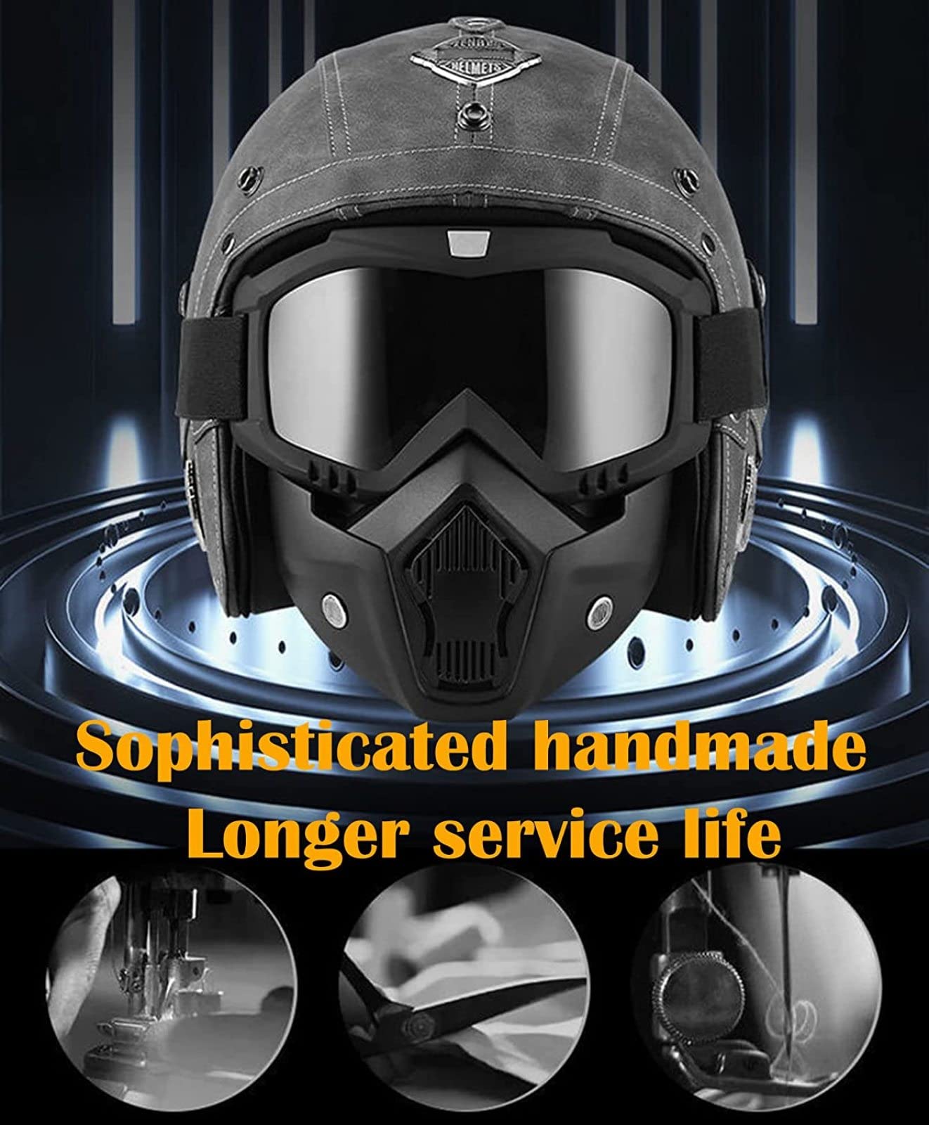 EBAYIN Rétro Harley Moto Demi-Casque 3/4 Casque Jet Casque Open Face Casque Adulte Sécurité Collision Casquette avec Masque Visage Dot ECE Approuvé Cruiser Chopper Scooter Casque,J-XL=（61~62cm）