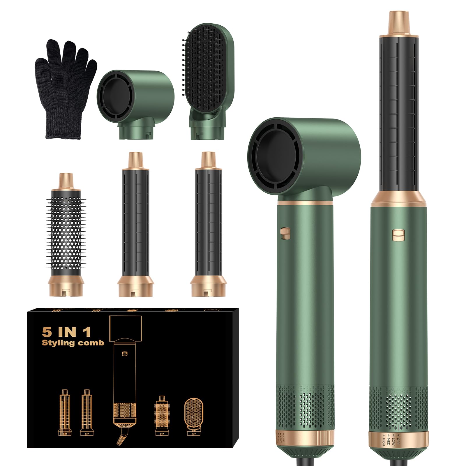 UKLISS Airbrush 5 en 1 Hair Styler Air Brush 5 en 1 Air Styler Haarstyler Set avec Seche Cheveux, Brosse Soufflante, Fer a Boucler, Brosse Lissante Seche Cheveux 5 en 1 pour Sécher, Boucler (GERRN)