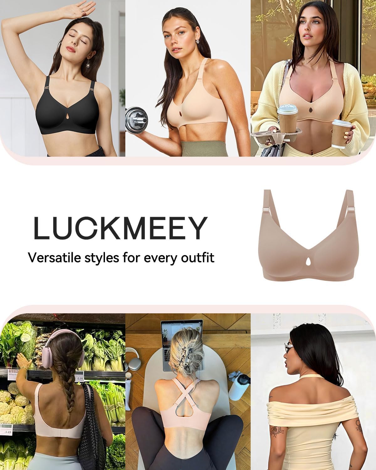 LUCKMEEY Bras for Women No Underwire Wireless Bras Removable Straps (U/Halter/Cross) Push Up Seamless T-Shirt Bra - Image 5