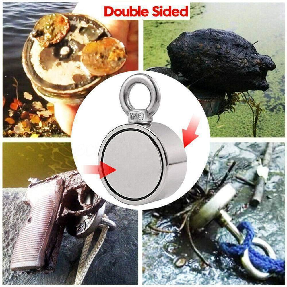 Imán de pesca de doble cara, fuerza de tracción combinada de 500 kg, 75 mm de diámetro, imán fuerte de doble cara con perno de ojo