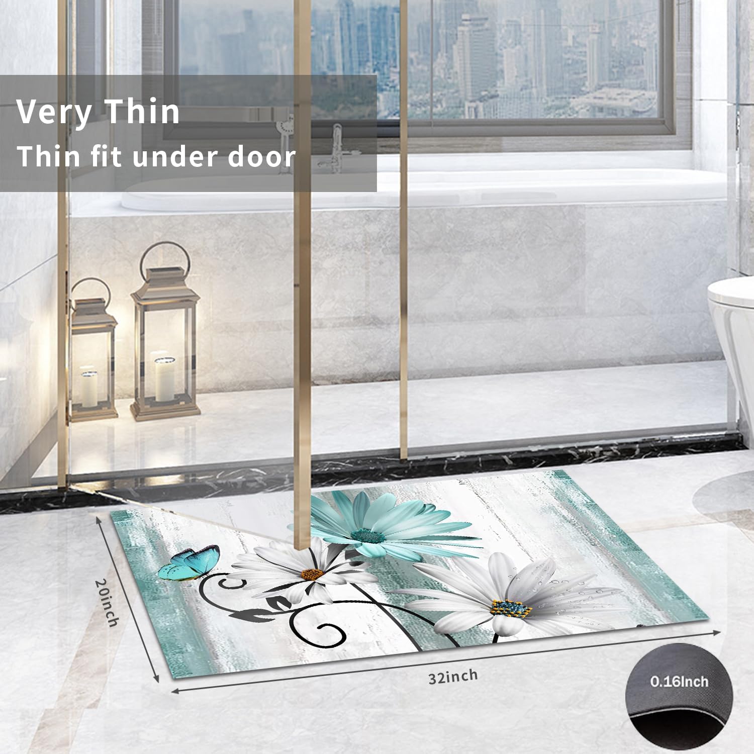MUGINYU Teal Daisy Floral Bath Rug Sets 3 Piece, Rustic Farm Farmhouse Bath Mat Quick Dry Thin Rubber Diatomaceous Earth Turquoise Blue Flowers and Butterfly on Country Wood Bathroom Vintage Decor