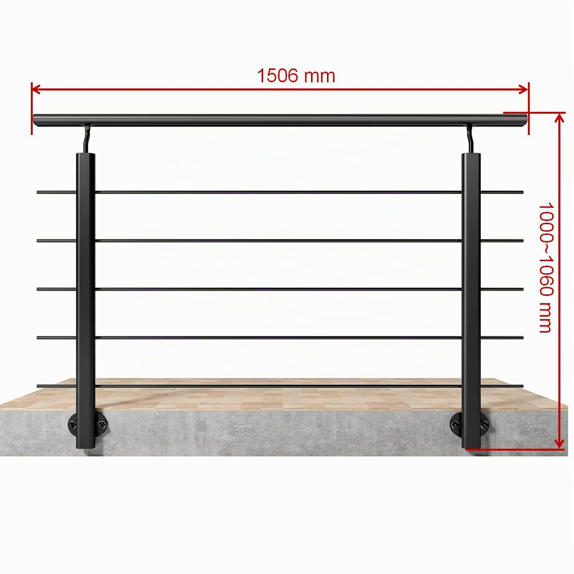 AICA 150x100cm Barandillas de aluminio, Barandilla de escalera, Ángulo de montaje ajustable, uso interior y exterior - Negro mate - fijaciones lateral