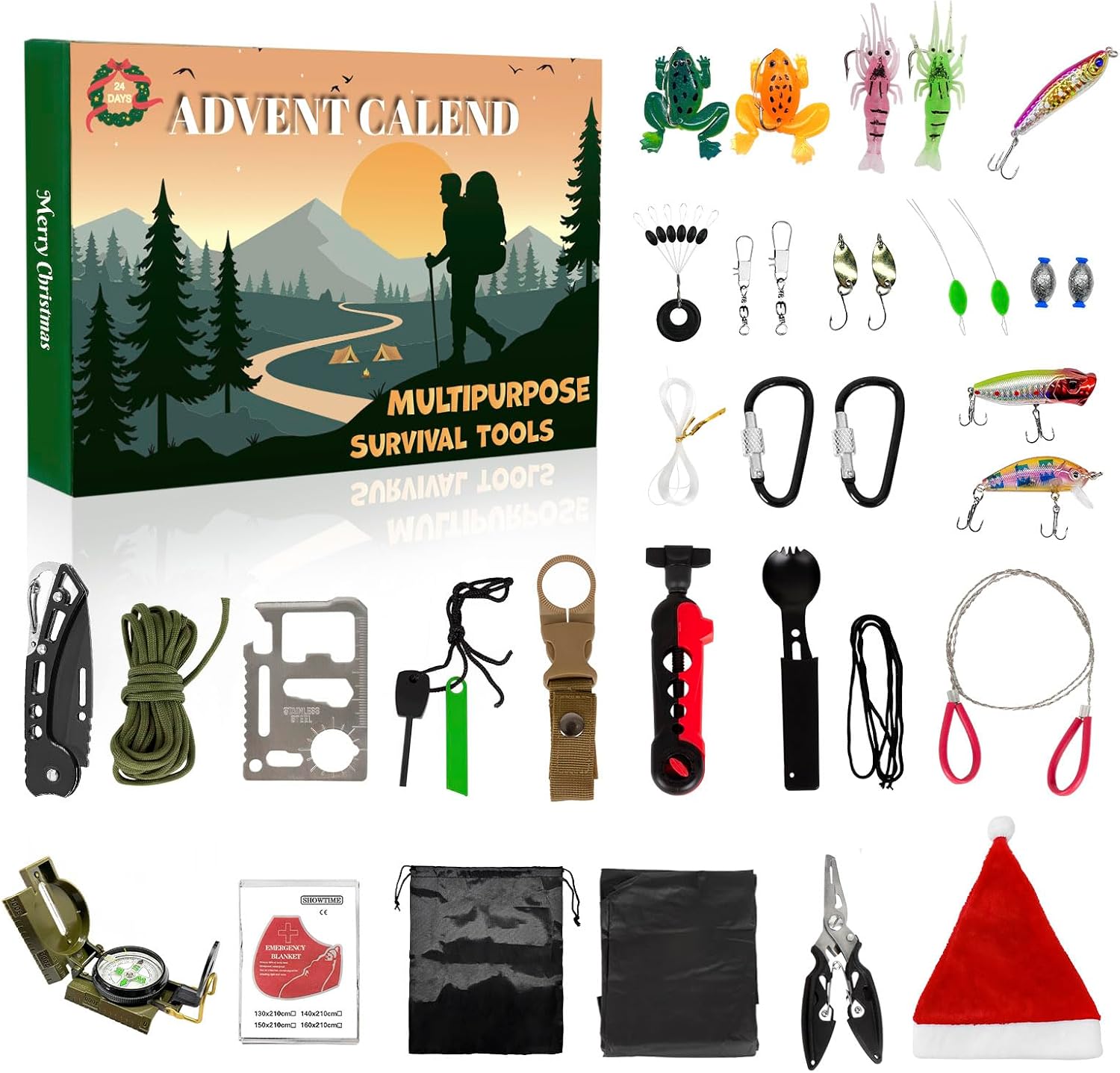 2025 Survival Kit Advent Calendar for Men - 24 Days Survival Gears Gifts - Xmas Cool Gadgets for Outdoor Camping Fishing Hunting Adventure