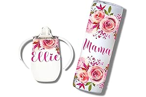 Personalized Toddler Sippy Cup & Matching Skinny Tumbler with Pink Floral Design