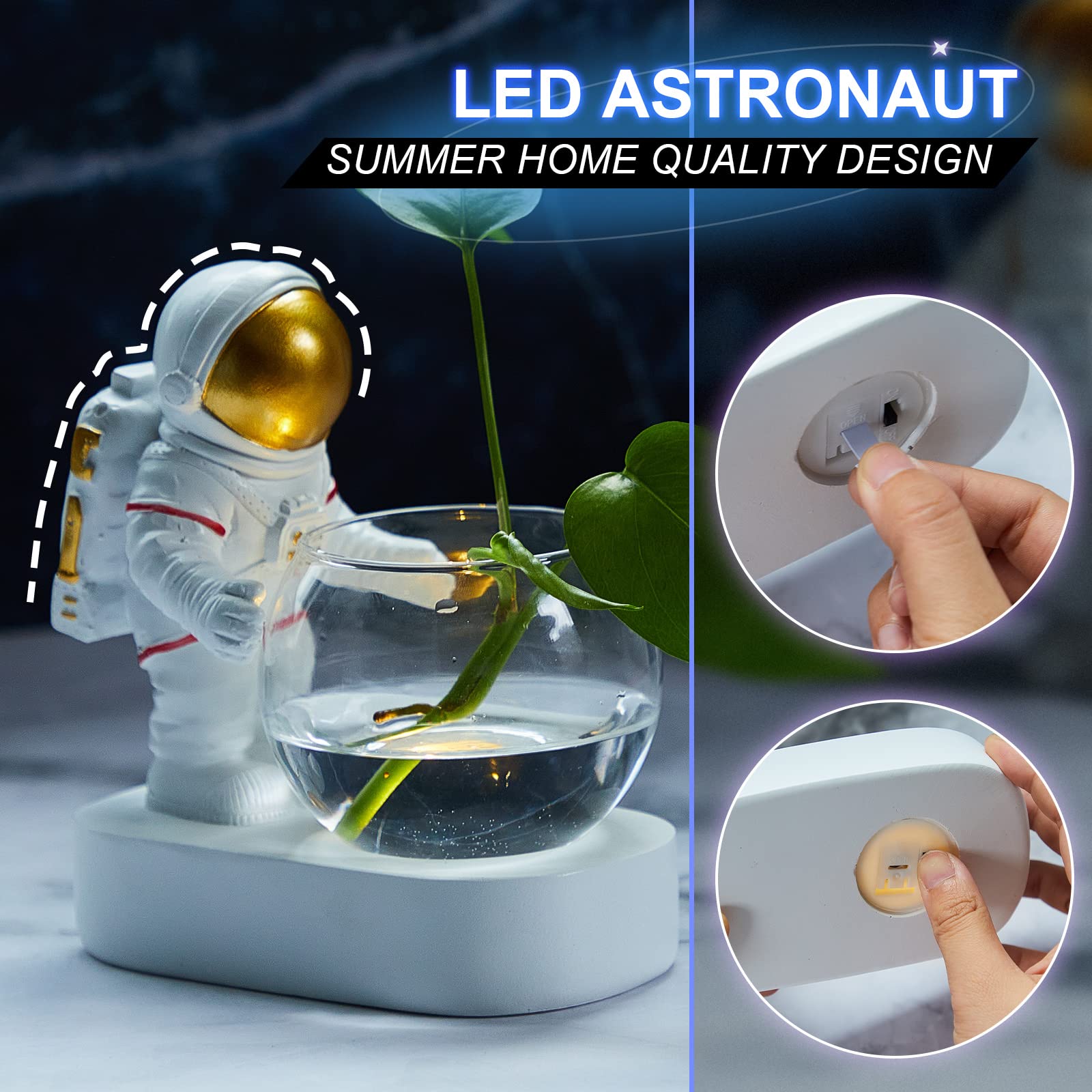 Macetero astronauta de 1 pieza con diseño de astronauta, florero de cristal, hidroponía, divertidas, macetas modernas para suculentas, macetas LED, soporte para bolígrafo para interiores, 7