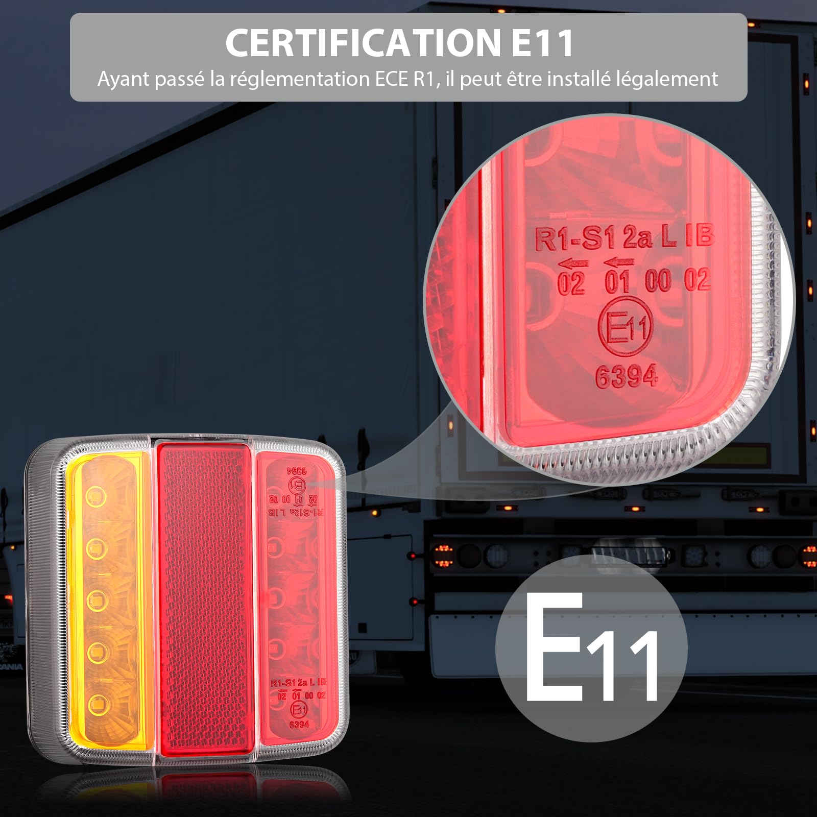Justech 2PCS Feux Arrière de Remorque à LED avec Câble de 7,5 m et Prise à 7 Broches Ampoule de Feu Arrière 12V 3 Fonctions Feux de Plaque d’immatriculation pour Camion, Remorque, Caravane E11