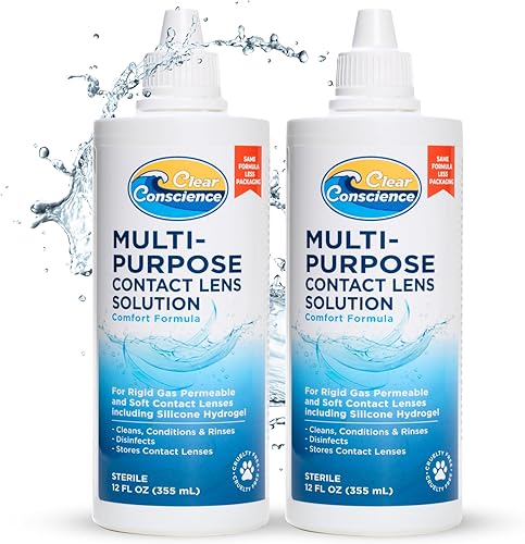 Clear Conscience - Solución para lentes de contacto libre de crueldad de 12 onzas, limpiador multiusos y cuidado isotónico estéril de los contactos