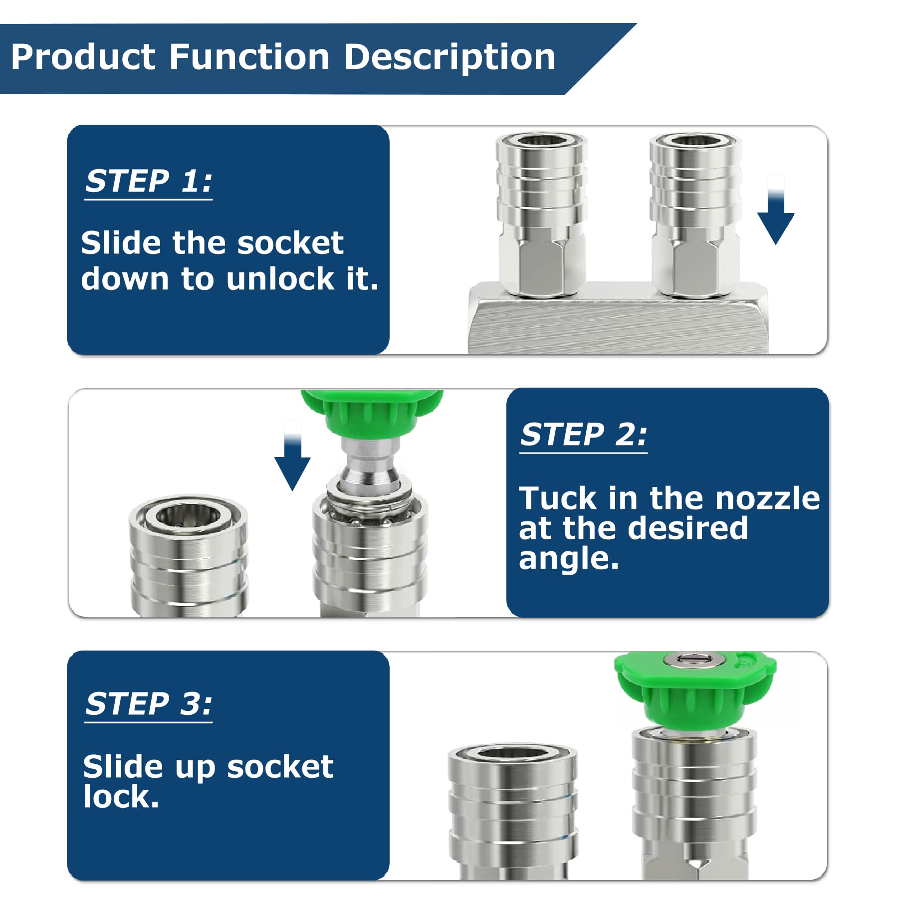 Ugello per rondella ad alta pressione, in acciaio inox, doppia potenza, ugello 2 in 1, ugello per idropulitrice ad alta pressione con 10 ugelli per idropulitrice ad alta pressione, connessione rapida