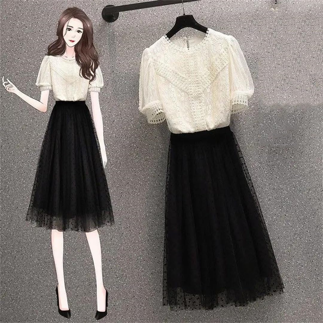 Women's Lace Mesh Shirt Puff Sleeve Tops A-Line Skirts Two Piece Set