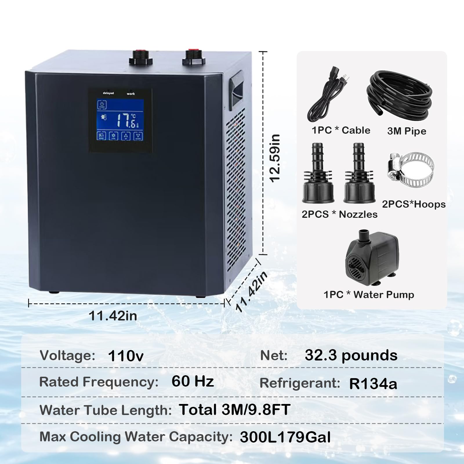 YAKUST 79 Gallon Aquarium Chiller, Fish Tank Chiller,1/3 HP Active Aqua Chiller for Axolotl, Aquarium Cooler with LED Display, Pipe, Water Pump, Remote Control