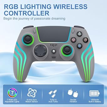 JYELUK Wireless Controller for PS5 with RGB Lighting,Grey