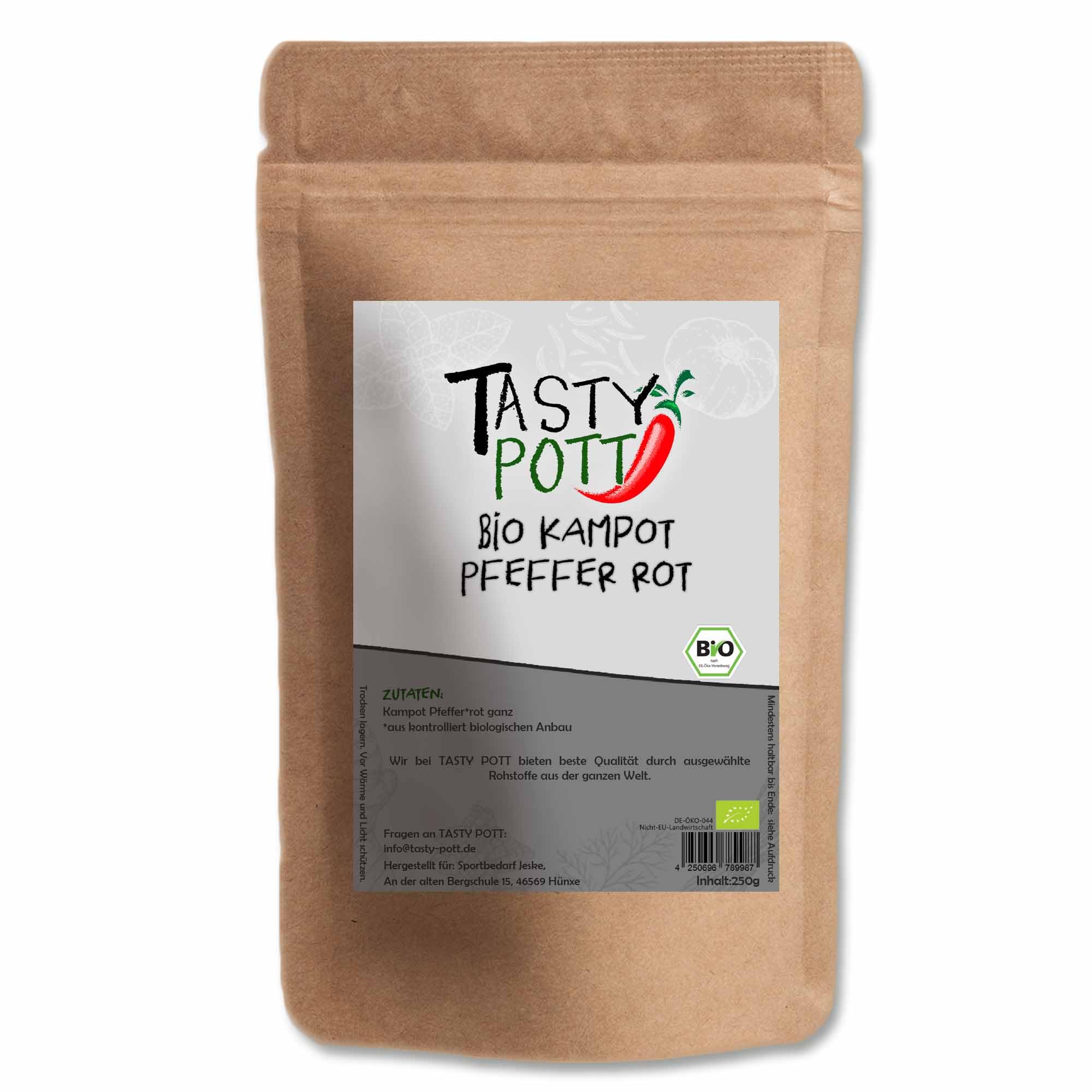 Tasty Pott Bio Kampot Pfeffer rot ganze Körner 500 Gramm | Kochen & Braten | Würzen & Marinieren | pfeffrig Pfeffer | Bioqualität hochwertig | Nachfüllbeutel Vorteilspackung