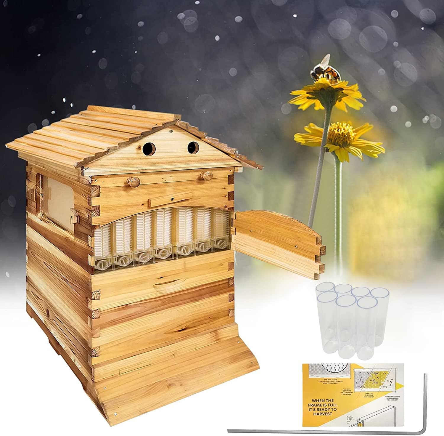 Auto Beehive,Wooden Beekeeping House Beehive Boxes with 7 PCS Auto Flow Hive Frames,Bee Hives Boxes Starter Kit,Food Grade BPA Free (7 PCS Beehive Frame+Wooden Box)