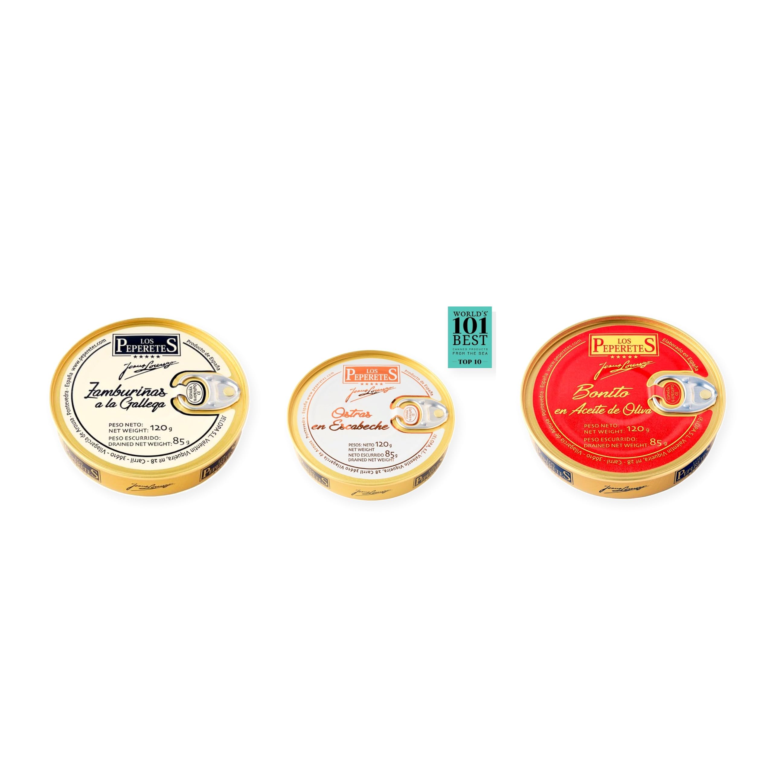 los peperetes conservas Zamburiñas Gallega, Ostras Escabeche y Bonito Aceite Oliva pack 3 latas