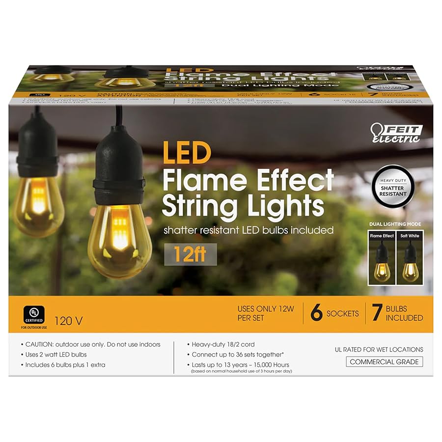 Feit Electric LED String Lights with Flame Bulbs Effect, 12ft Commercial Grade and Shatter Resistant String Lights, 6 Sockets, Linkable, 15,000-Hour Lifetime, SL12-6/FLAME, 7 Bulbs Included - image 2