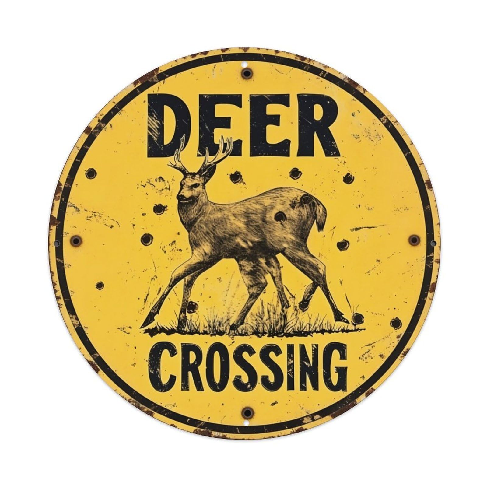 Deer Crossing Sign Pattern Print Retro Metal Sign Round Tin Sign, Vintage Decor Art Poster for Bar, Home, Man Cave, Kitchen, Laundry Room Gift 8x8Inch
