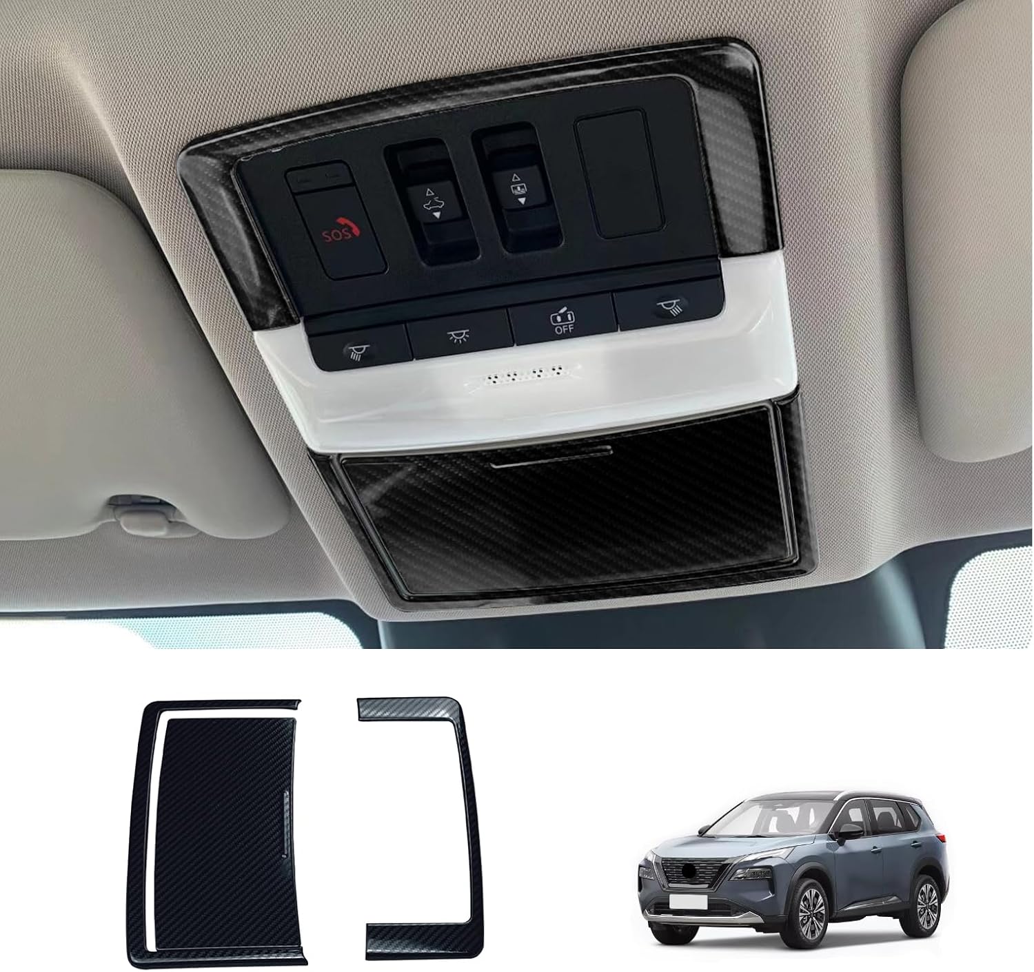 Car Accessories Front Reading Light Ceilling Map Frame Trim Compatible with Nissan New Rogue 2021 2022 2023 2024 2025 2026 (Carbon Fiber Style) 3PCS Stainless Steel