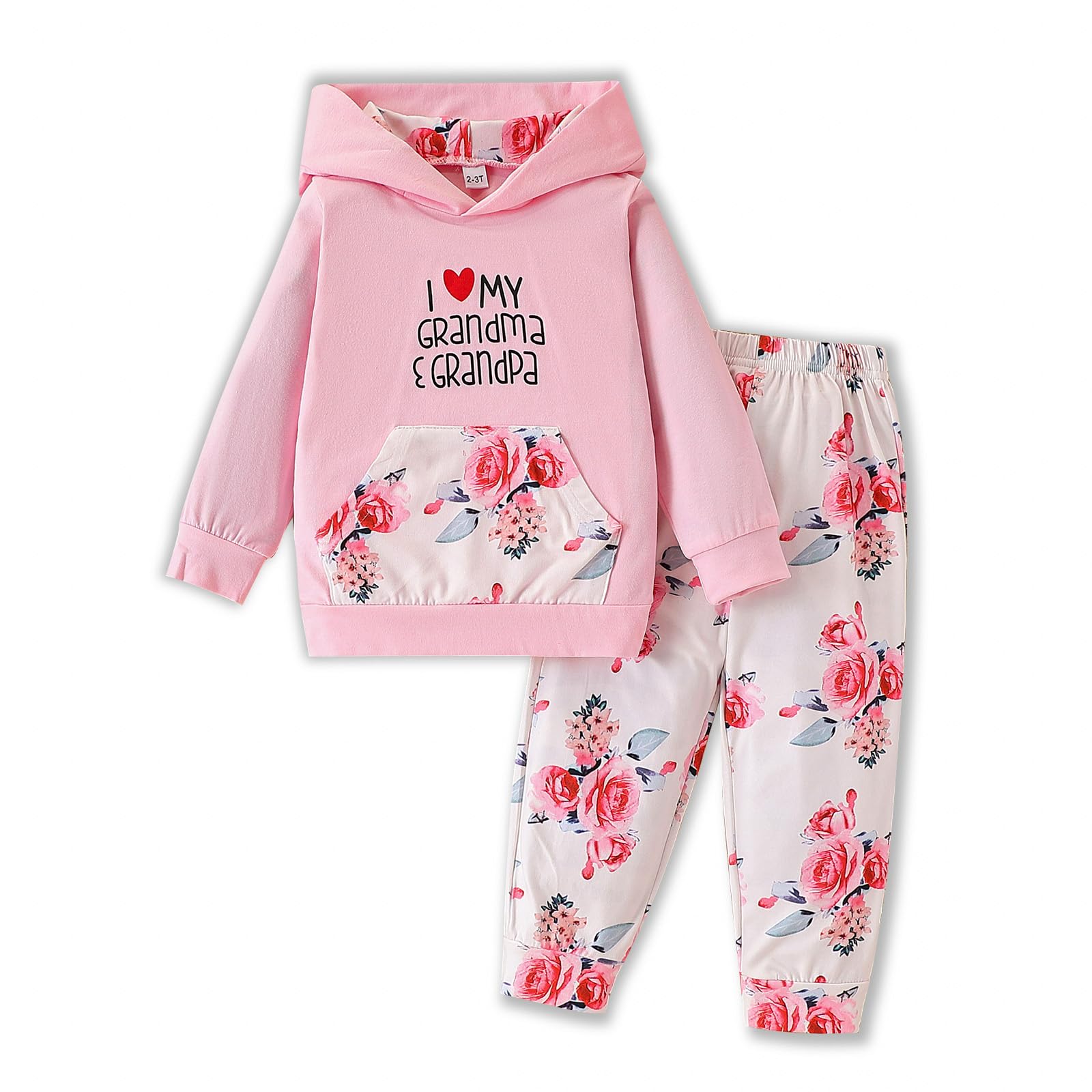 2PC Girls Clothes Girl letter and Floral print Hooded Set, letter print Top +Floral print Pants Set