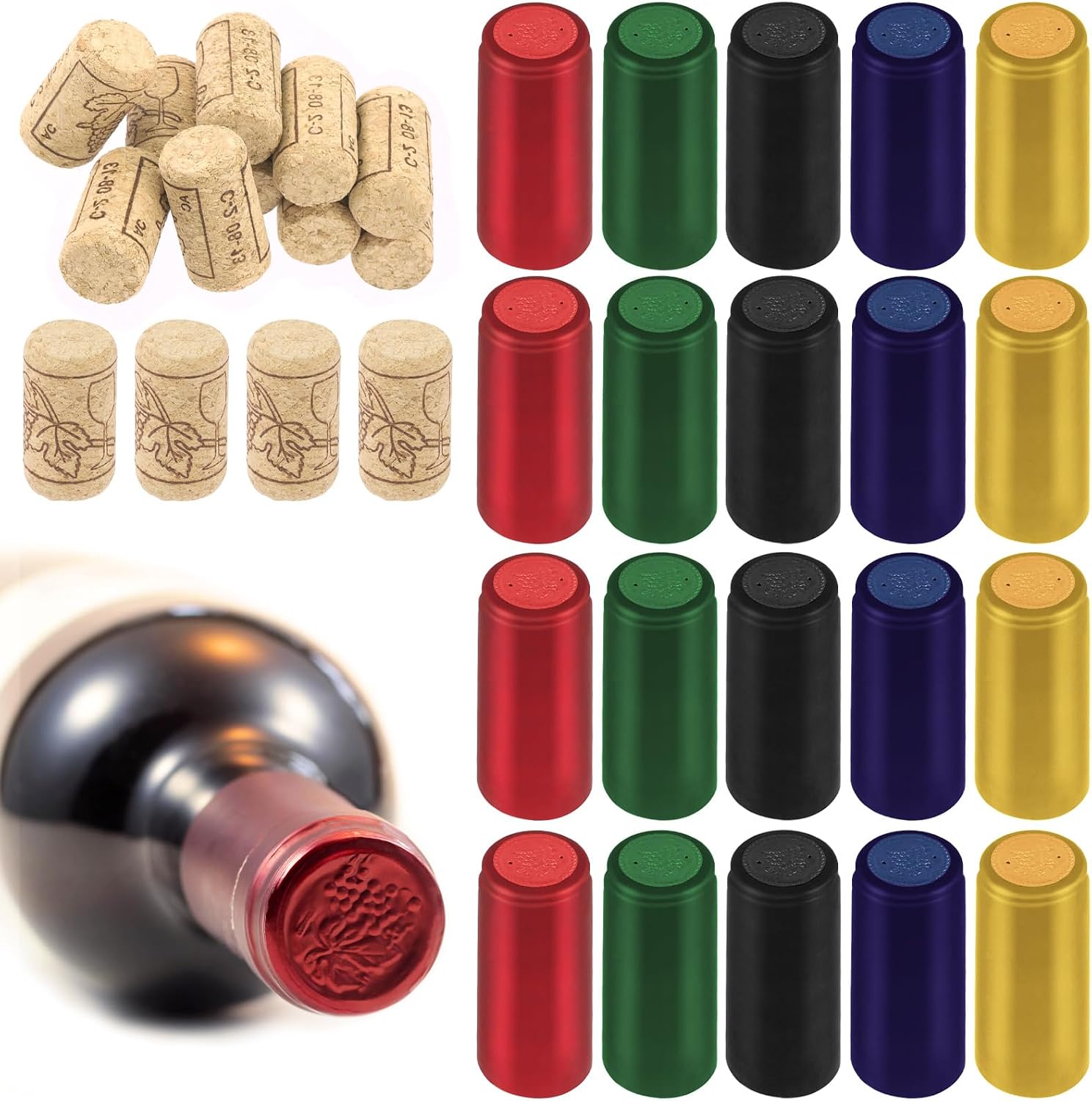 Keadic 130Pcs PVC Heat Shrink Capsules with Natural Wine Corks, Black/Red/Gold/Silver/Blue Wrap Sleeves Caps Tops for Making Cellars and Home Use