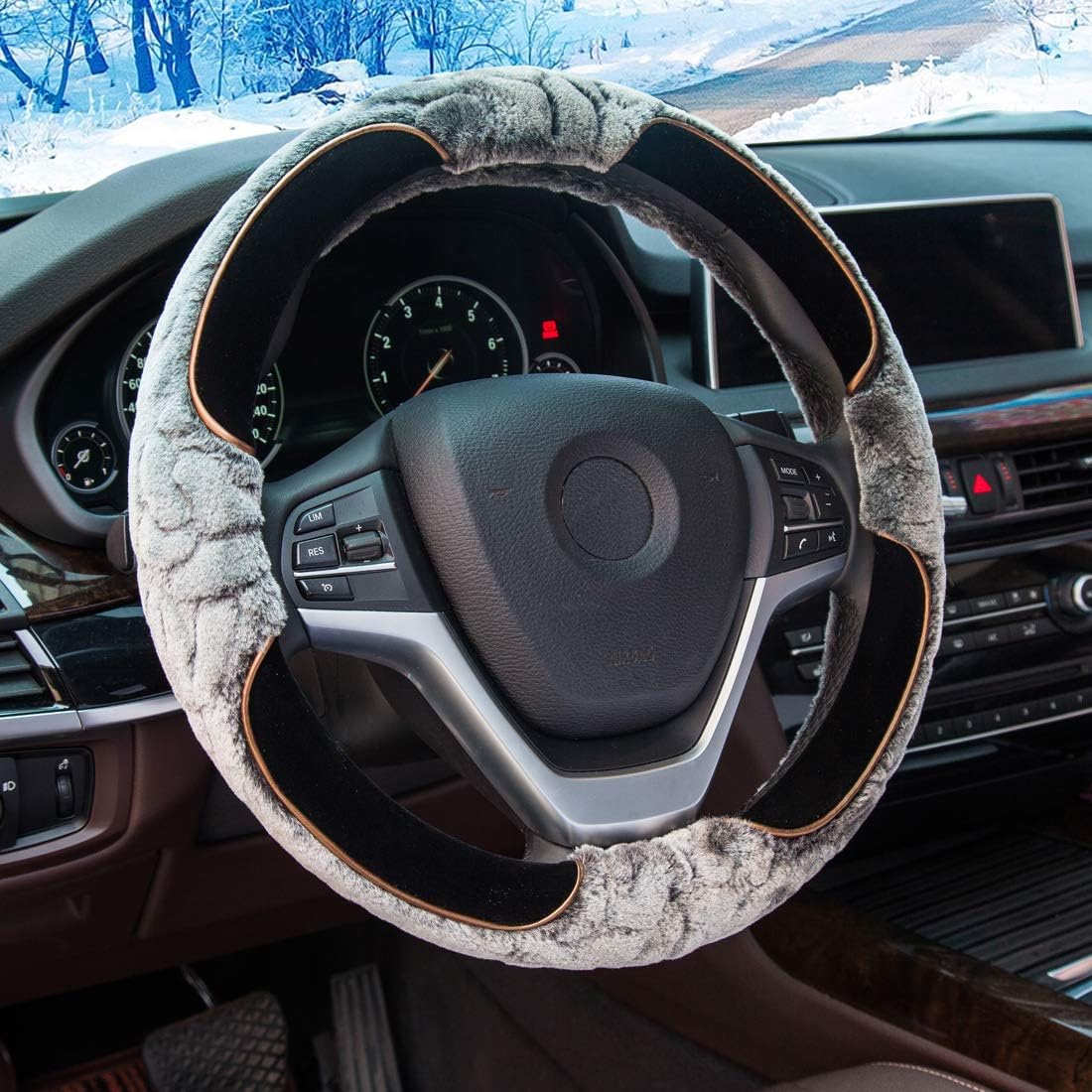 Super Accessories Auto Fluffy Steering Wheel Cover Fuzzy Car Steering Wheel Cover with Winter Warm Faux Wool Universal 15 inch(Grey)
