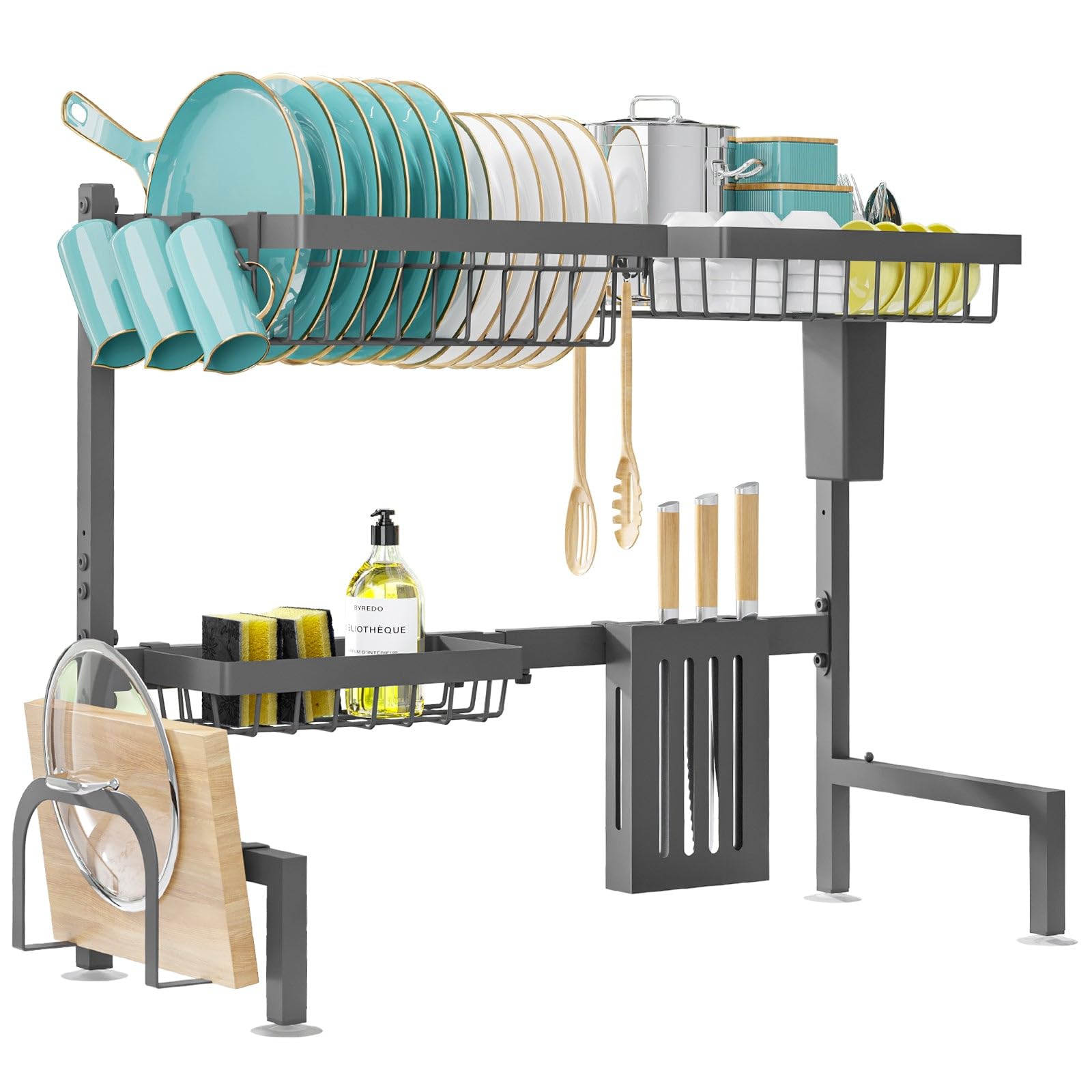 Sakugi Égouttoir à vaisselle au-dessus de l'évier – Égouttoir réglable à 2 niveaux de grande capacité en acier inoxydable avec porte-couverts et porte-ustensiles, rangement et organisation de cuisine