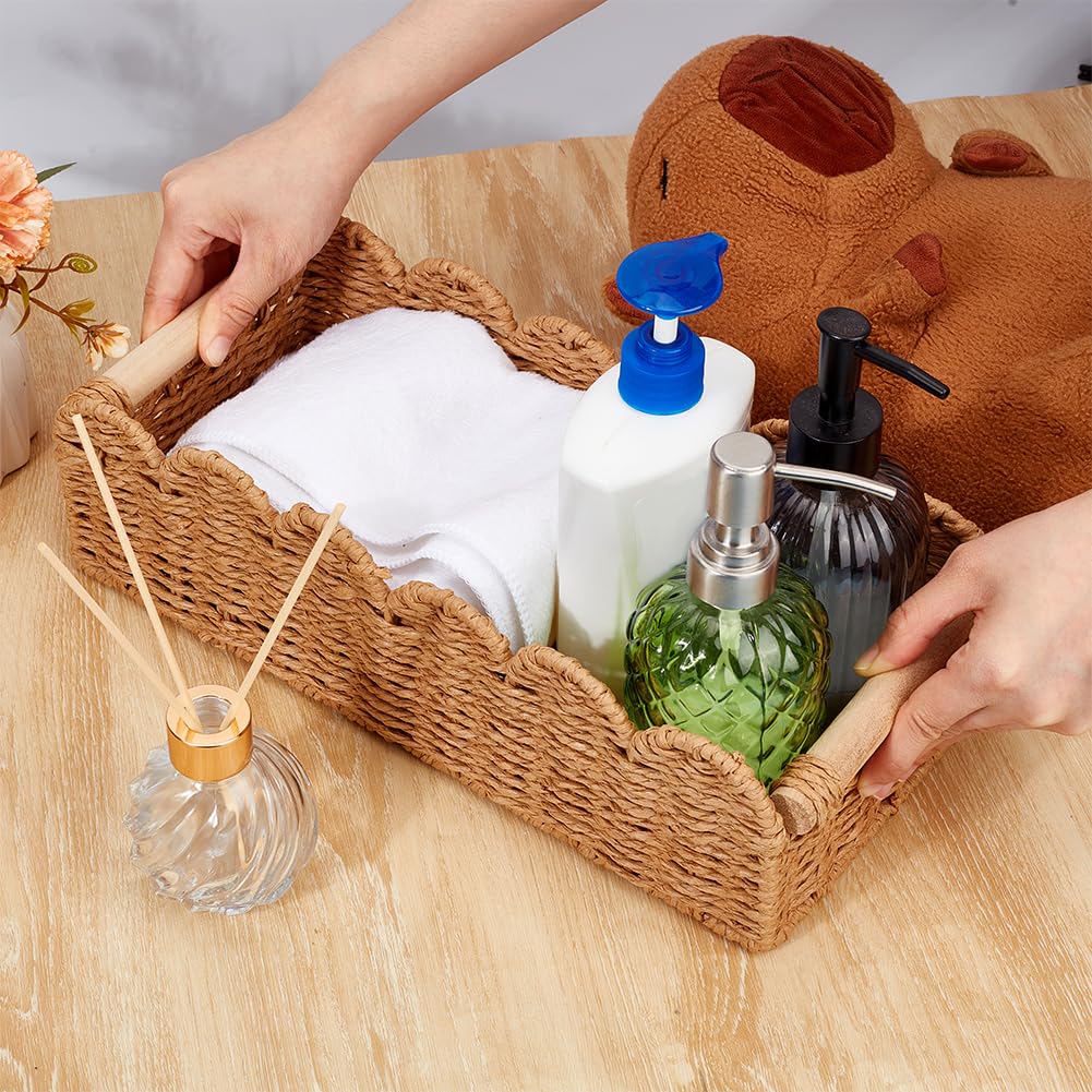 2 cestas de ratán para cuarto de baño, cestas de almacenamiento, cestas largas y estrechas, cestas de almacenamiento, caja de inodoro, cesta de mimbre con borde arqueado, recipiente pequeño