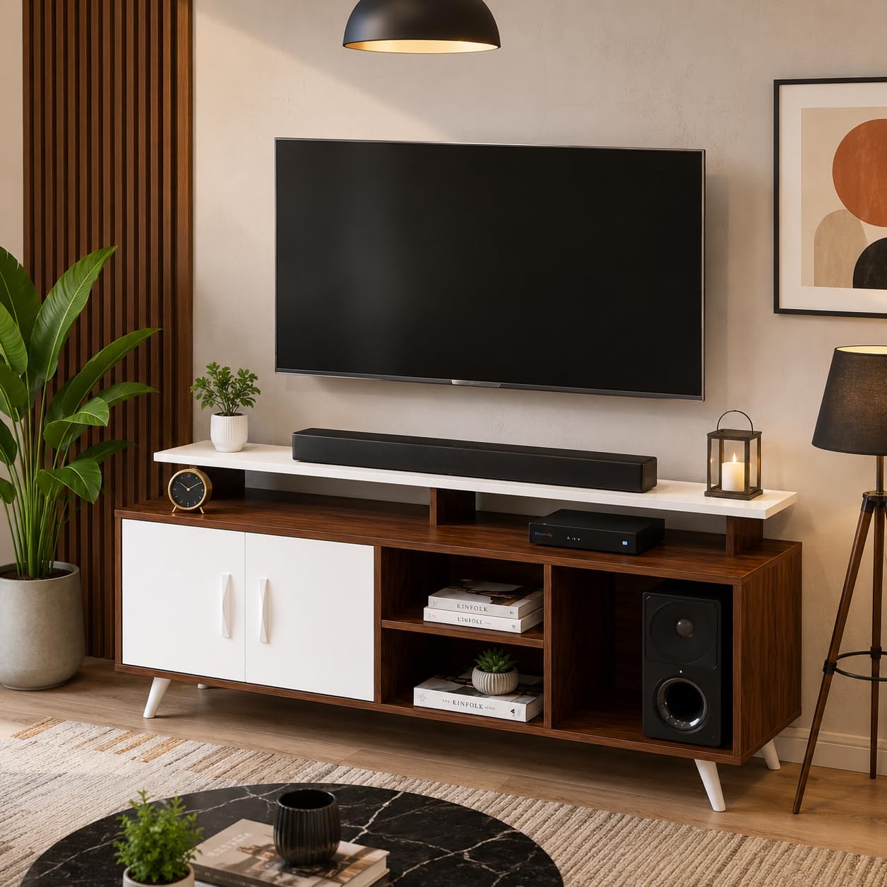 TV Entertainment Unit (Engineered Wood) | Open Shelves & Cabinet, Mid-Century Leg Design-image-18