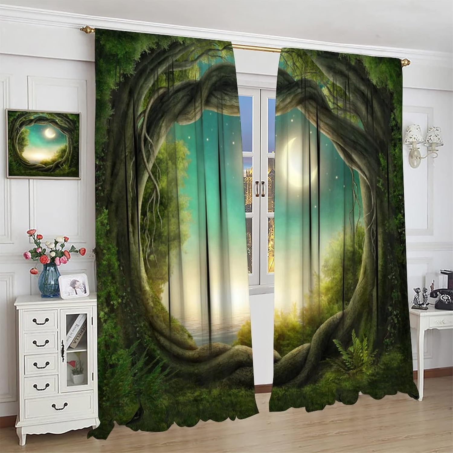 Fairy Forest Blackout Windows Curtains, Trees in Enchanted Forest Full Moon Artwork Curtains, for Kids Living Room Bedroom Decoration 42x45in 2 Panels