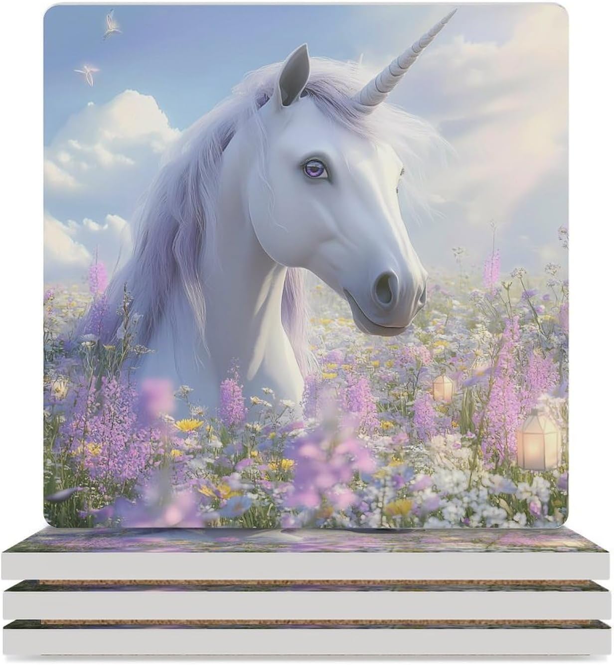 Un-icorn Flowers Coaster for Drinks Square Ceramic Table Coasters Stone Mat Crafts 4PCS Home Kitchen Decor