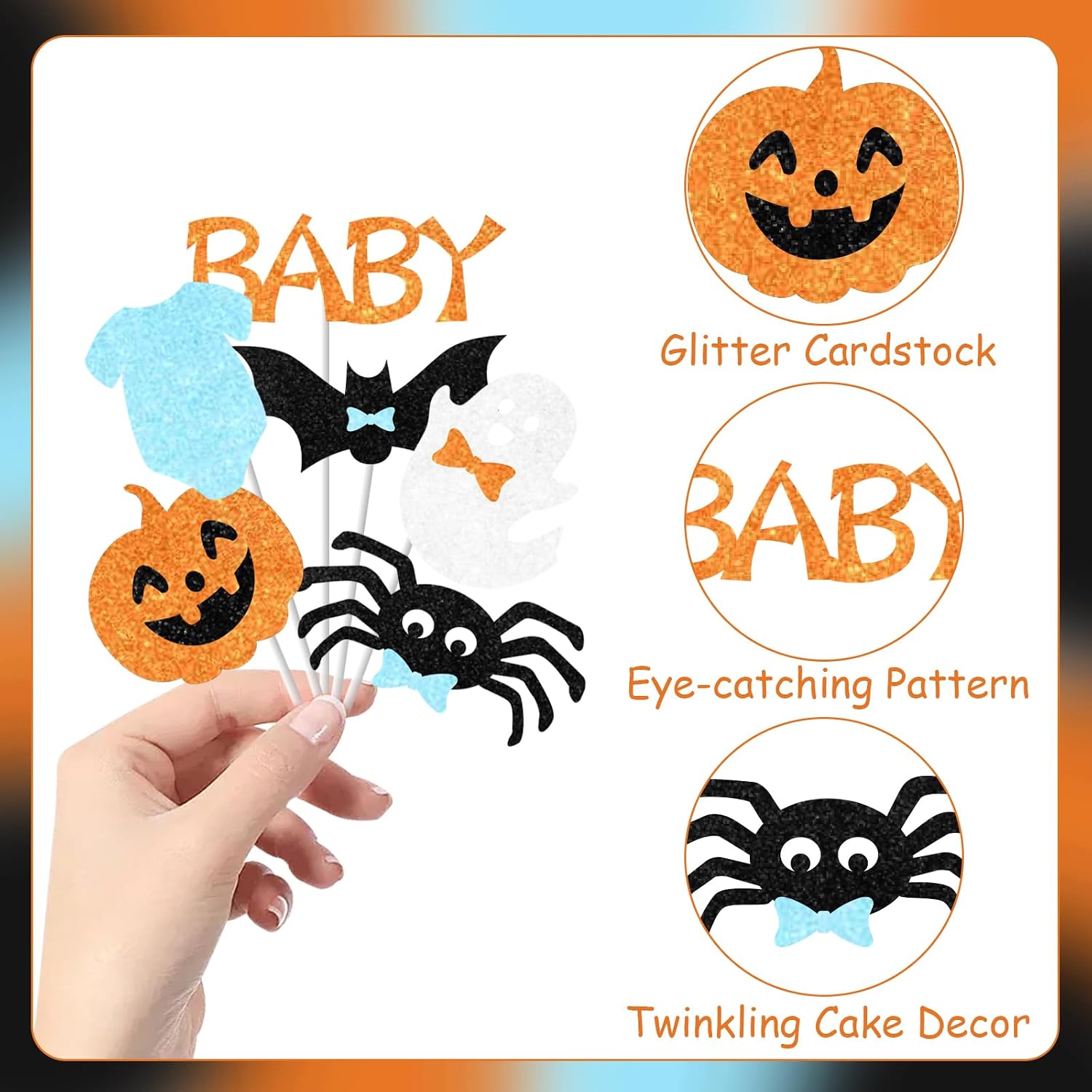 36Pcs Halloween Baby Shower Cupcake Toppers Halloween Baby Shower Decorations Boy Orange Blue Ghost Pumpkin Spider Bat Cake Pick A Little Boo is Almost Due Decor for Pregnancy Celebration