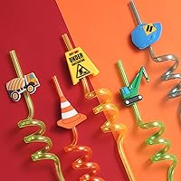 Vista 2 de 24 pajitas de construcción reutilizables, excavadora, excavadora, licuadora, camión, bebidas de plástico, pajita de cóctel con decoración de dibujos