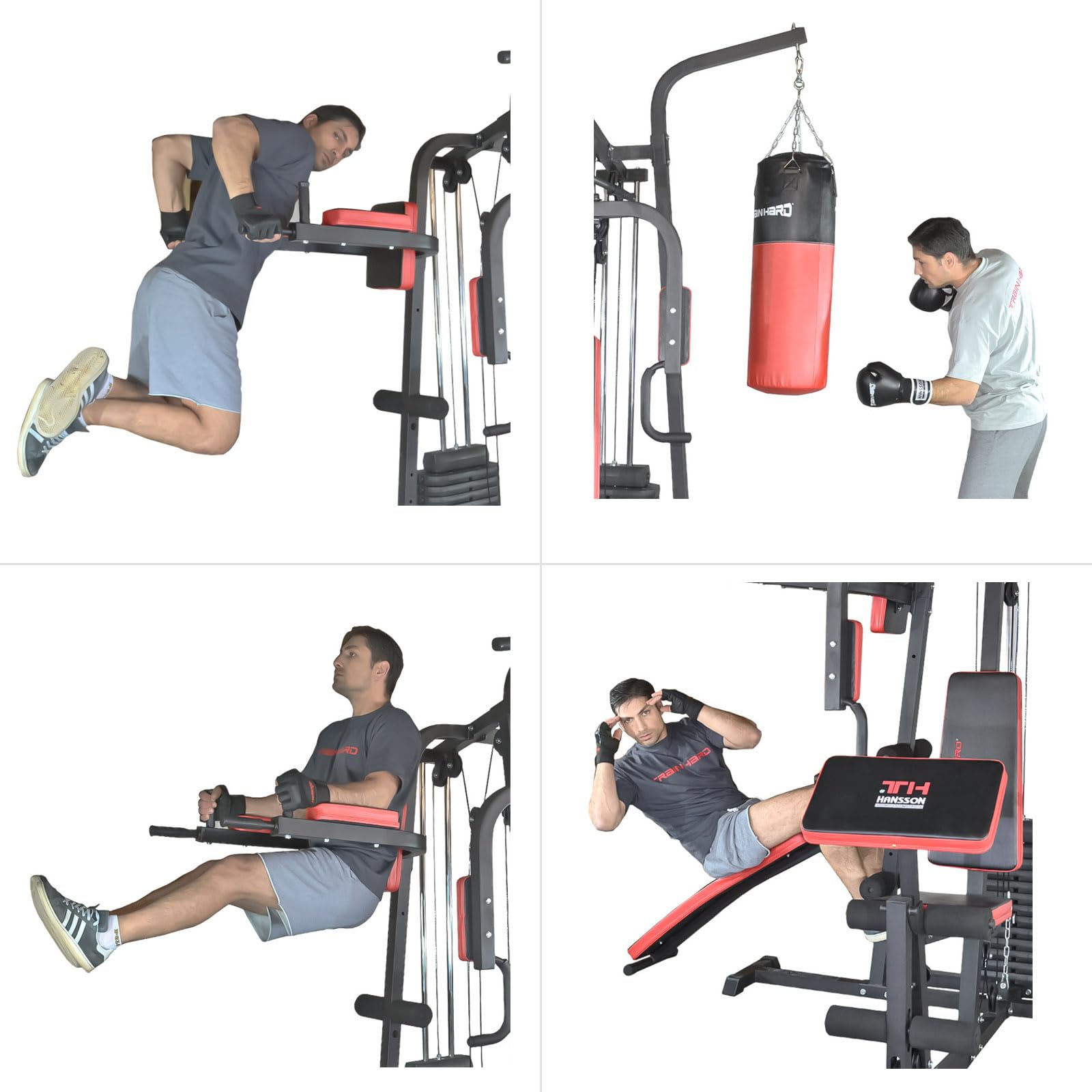 TrainHard® Kraftstation Multistation Fitnessstation Home Gym 65 kg Gewichten inkl. Dipstation Beinhebe, erweiterbar mit Sit Up Bank, Stepper, Push Up Bar, Boxsack mit Halterung, Speedball Plattform.
