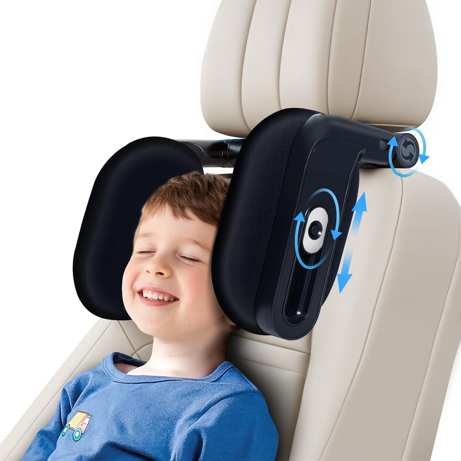 Kopfstütze Auto Kinder & Erwachsene | 2025 Neueste 360° drehbare Reisekopfstütze mit 3-Punkt-Mechanik | Atmungsaktive Memory-Schaum-Nackenstütze | Nackenkissen für Autoschlaf (Schwarz +1 Stück)