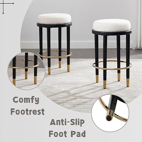 Miniatura 5 de Juego de 2 taburetes de bar de 26 pulgadas de altura de mostrador, taburetes de bar tapizados de sherpa blanco con patas de madera negra, sillas de