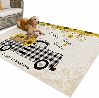 Outdoor Rug 4x6ft Chicken Black Buffalo Plaid Trucks Patio Area Rugs Waterproof Easy Cleaning Non Shedding Thick Mats Vintage Sunflower Leaves Carpet for Indoor Outdoor Porch Deck Backyard Balcony