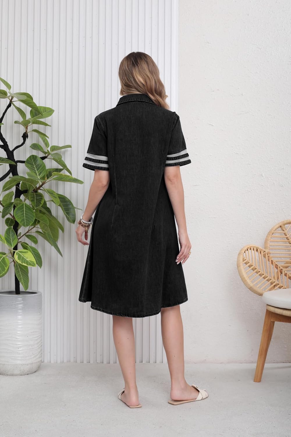 utcoco Denim Dress for Women 2025 Casual Tulle Short Sleeve Button Jean Midi Dress with Pockets - Image 7