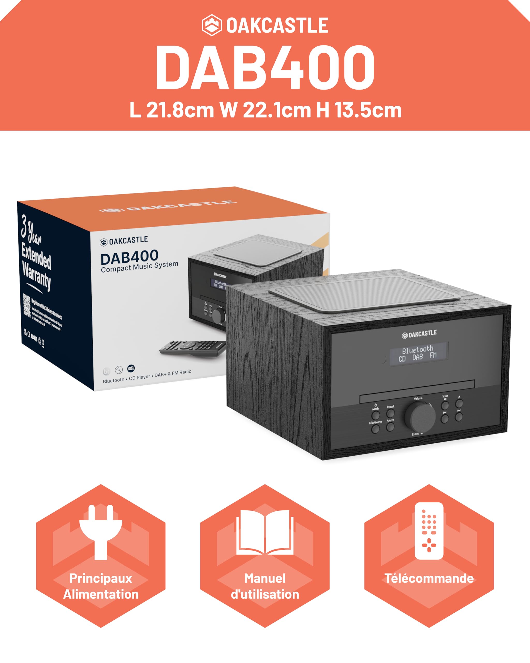 Mini Chaîne HiFi CD Radio Dab+ | Lecteur CD Bluetooth avec Haut-parleurs 40W | Radio Réveil avec Double Alarme, 99 Stations | USB, AUX, MP3 | Télécommande Incluse | Oakcastle DAB400